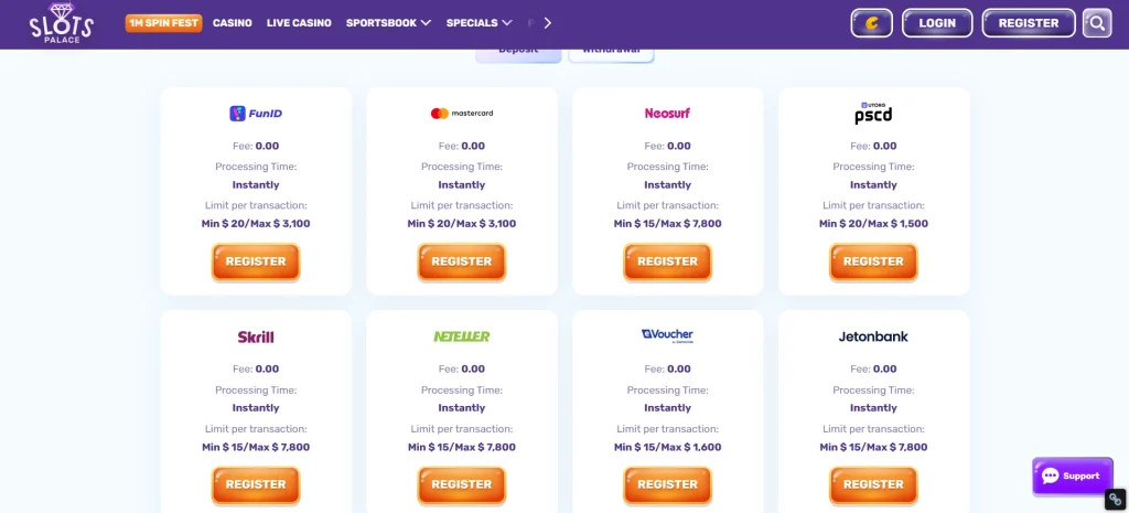 slots palace casino payment